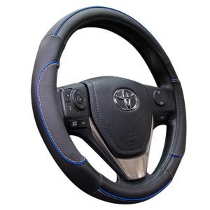 Blue trimmed steering wheel cover with PU leather and blue stitching