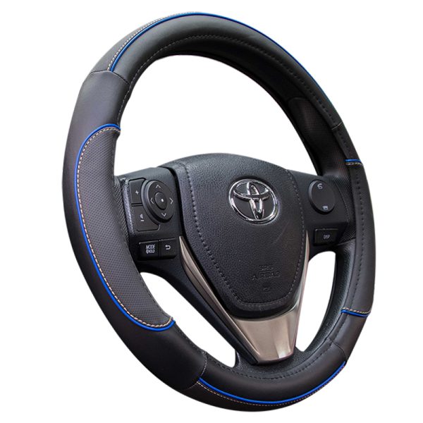 Blue trimmed steering wheel cover with PU leather and blue stitching