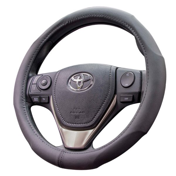Universal breathable steering wheel cover installed on car wheel