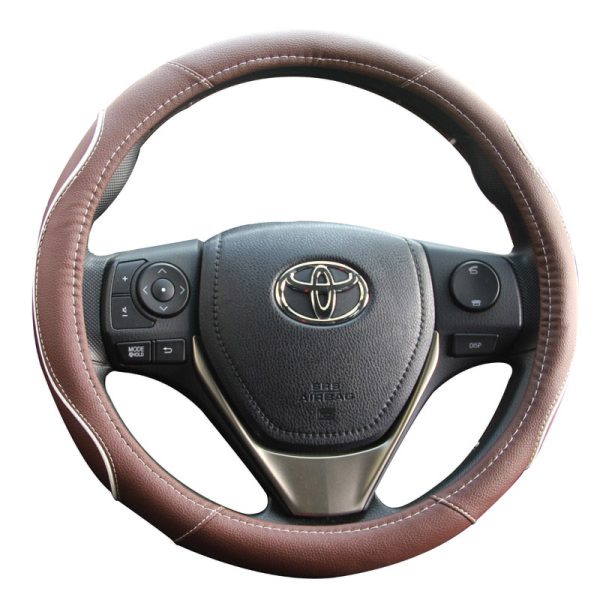 Brown steering wheel cover with white stitching anti-slip grip