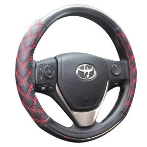 Channel Car Steering Wheel Cover PU leather red stitching silver trim