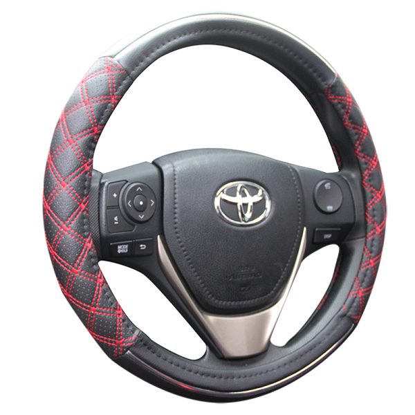 Channel Car Steering Wheel Cover PU leather red stitching silver trim