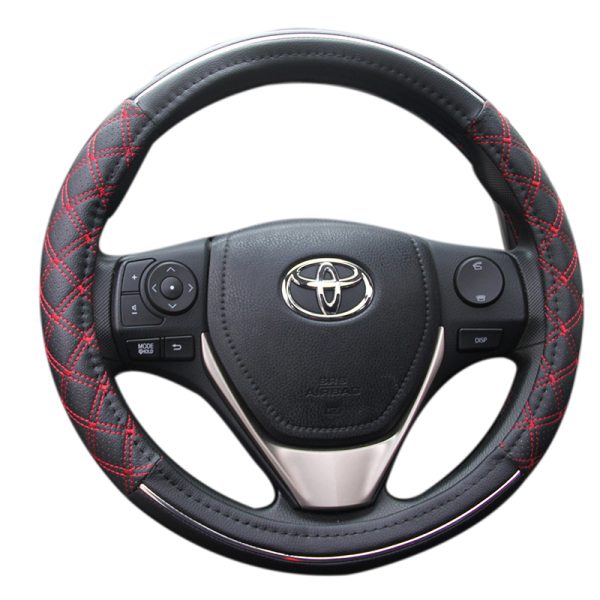 Channel Car Steering Wheel Cover black PU leather with red diamond stitching