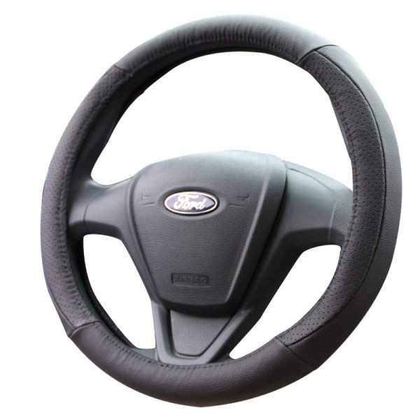 Black PU leather steering wheel cover angled view