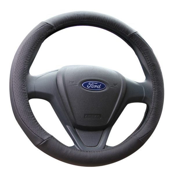 Universal black leather steering wheel cover front view