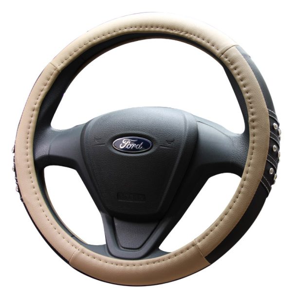 PU leather steering wheel cover with crystal studs