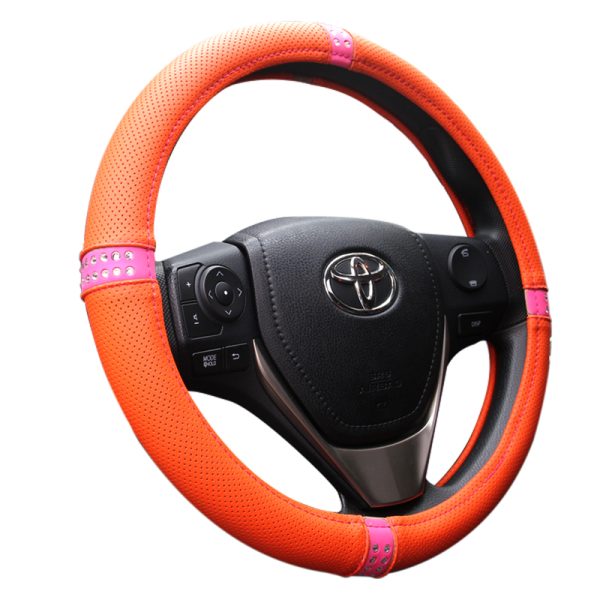 Diamond steering wheel cover in orange PU leather with crystals