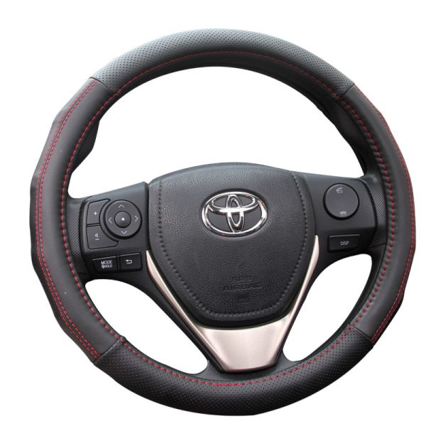 PU leather steering wheel cover black with red stitch