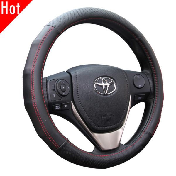 Elegant car steering wheel cover PU leather with red stitching