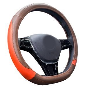 Flat Bottom Steering Wheel Cover 80504 with brown and orange faux leather design shown at an angle