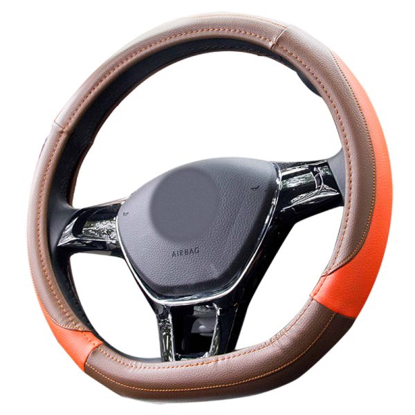Flat Bottom Steering Wheel Cover 80504 right angle view with leather-look texture and orange stitching