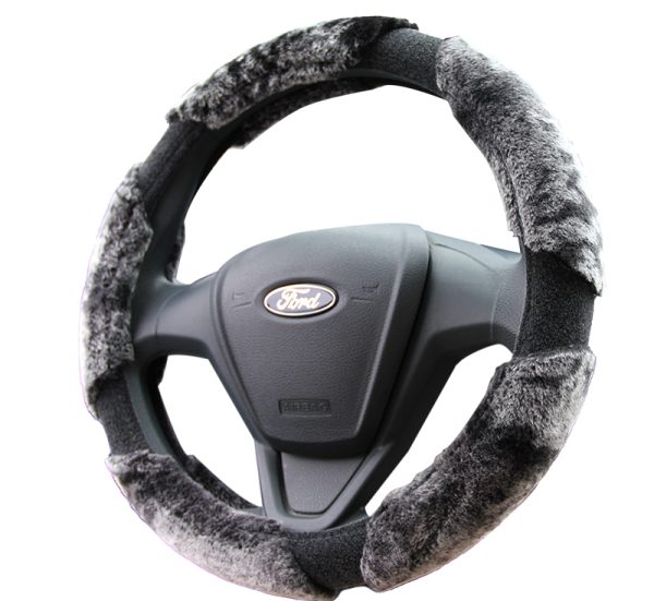 Side view of gray black fluffy steering wheel cover SKU 80430 installed on a steering wheel
