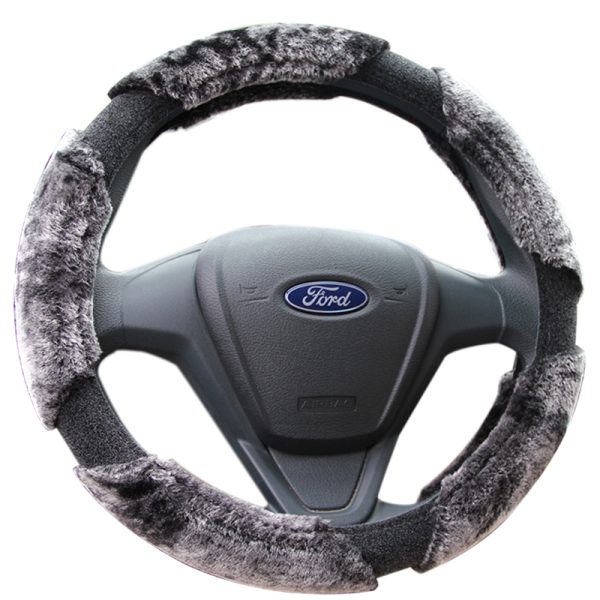 Angled view of fluffy steering wheel cover SKU 80430 with gray black plush surface