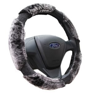 Fluffy steering wheel cover SKU 80430 in gray and black plush design front view