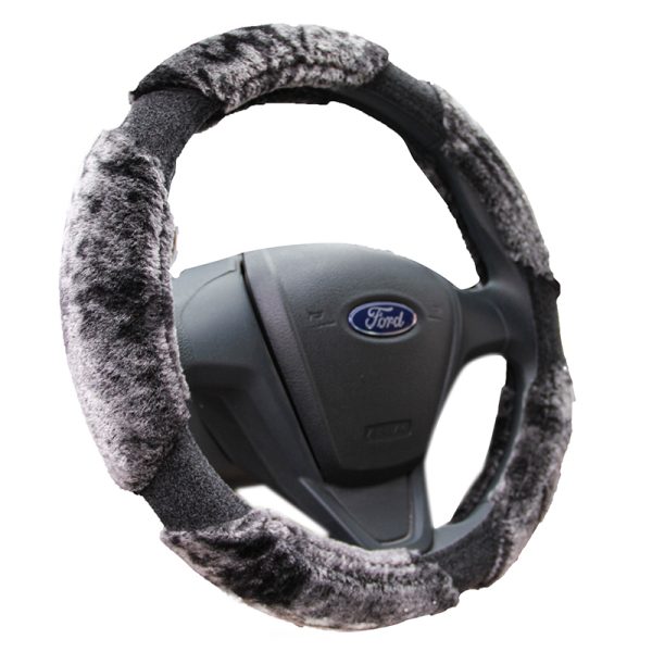 Fluffy steering wheel cover SKU 80430 in gray and black plush design front view