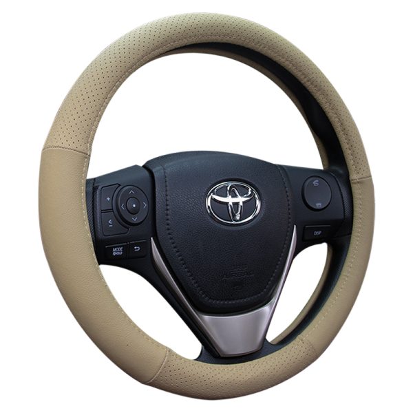 Genuine leather steering wheel cover beige 38 cm universal