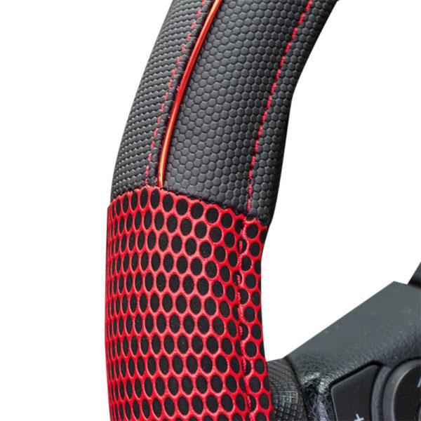 Close-up of Hot Red Steering Wheel Cover stitching and mesh