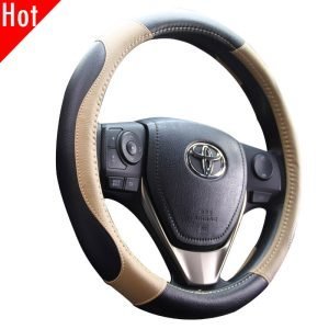 Leatherette car steering wheel cover black beige two tone design