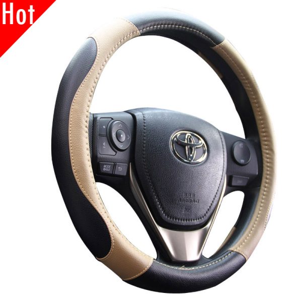 Leatherette car steering wheel cover black beige two tone design