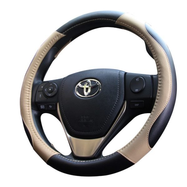 Two tone leatherette car steering wheel cover black beige