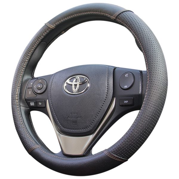 Installed leather steering wheel cover on car interior