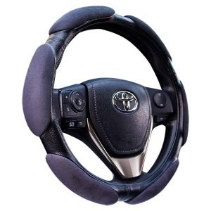 Memory foam steering wheel cover with cushioned grip pads and anti-slip inner ring, left-angle view