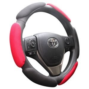 Mesh sandwich steering wheel cover with red and black breathable fabric
