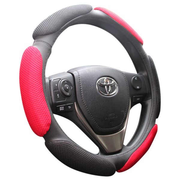 Mesh sandwich steering wheel cover with red and black breathable fabric