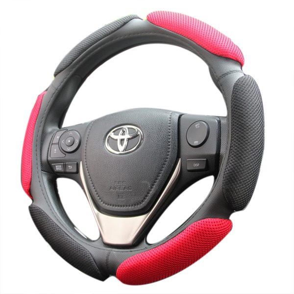 Red-black mesh sandwich steering wheel cover on car steering wheel
