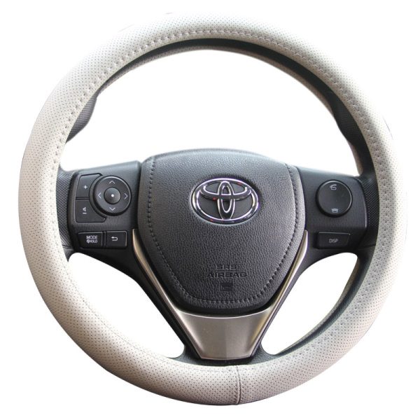 Universal perforated leather steering wheel cover beige front view