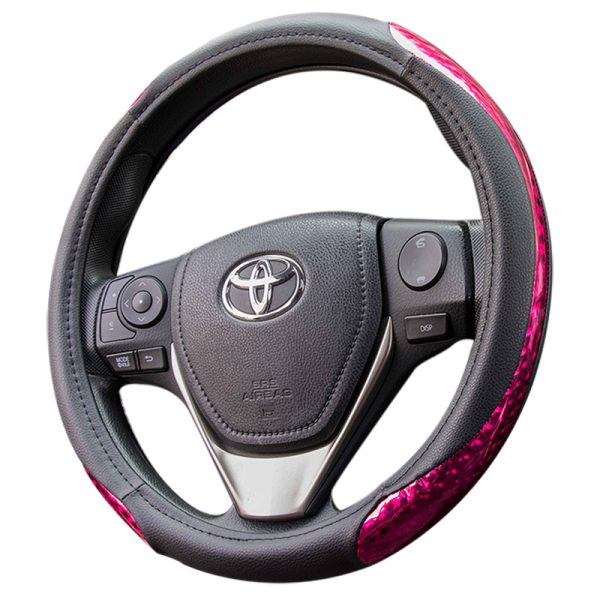 Universal pink glitter steering wheel cover angled side view