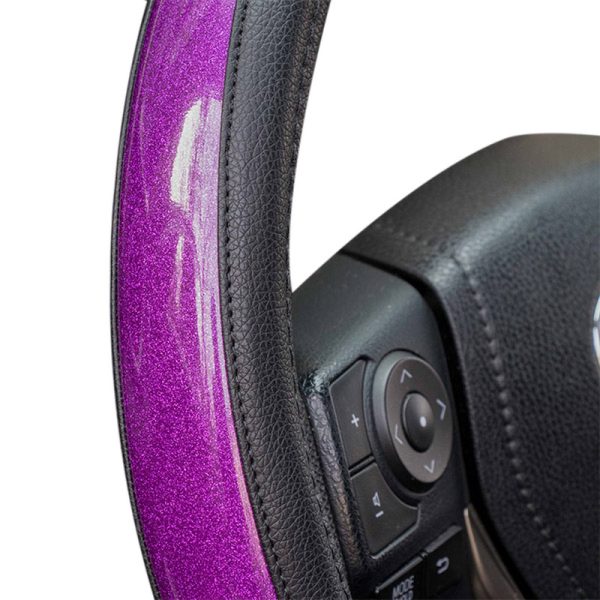 Close-up of purple auto steering wheel cover texture