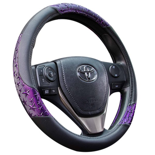PVC car steering wheel cover with purple star pattern angled view