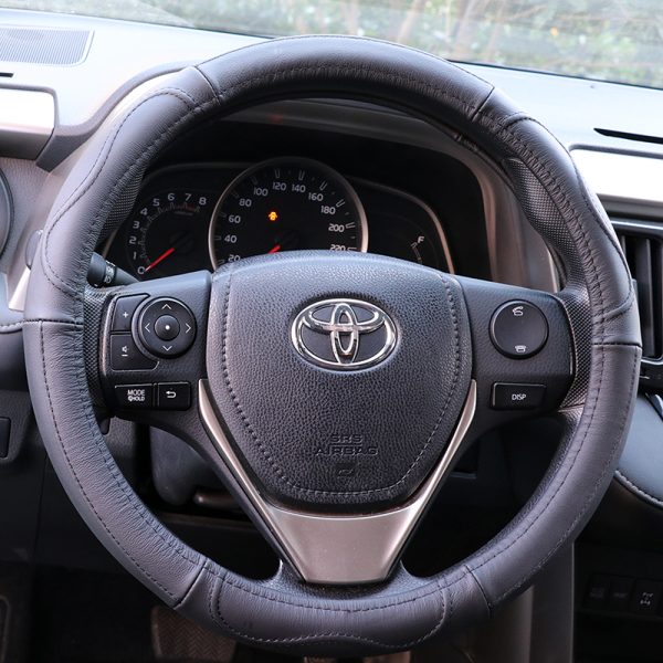Real Leather Steering Wheel Cover installed in car interior