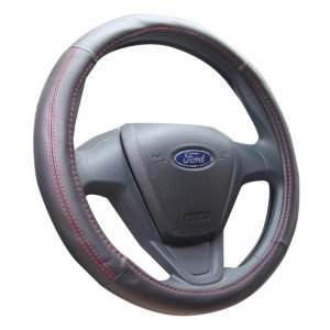Red Stitch PU steering wheel cover with black PU leather