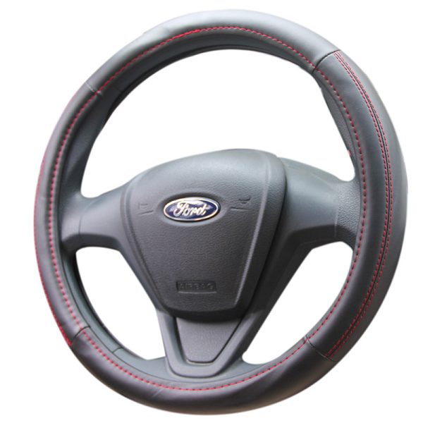 Universal PU steering wheel cover black with red thread