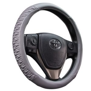 Shrink gray steering wheel cover with textured grip design