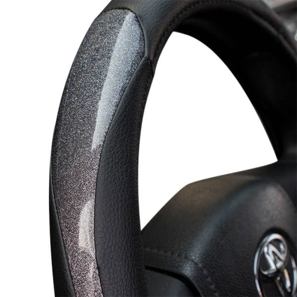 PU leather metallic silver steering wheel cover with glossy surface