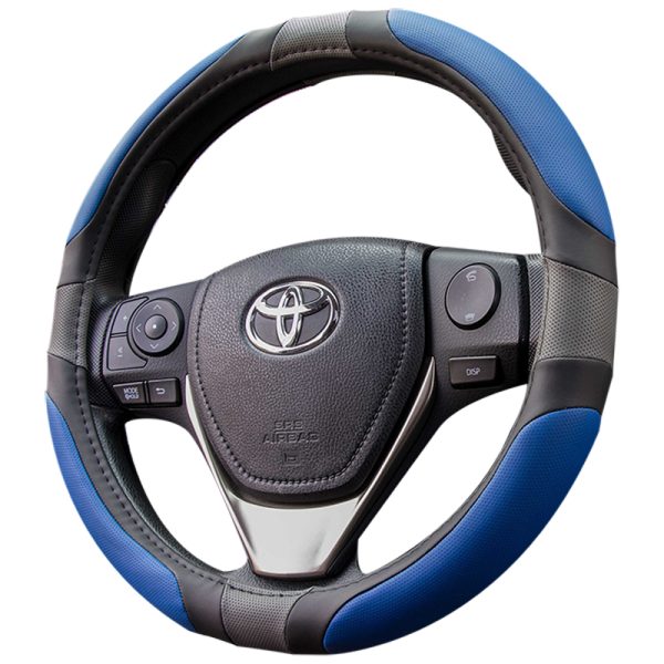 Soft PU steering wheel cover in blue black with breathable mesh