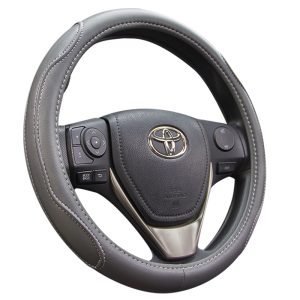 Stitch design steering wheel cover in grey PU leather for universal 38 cm fit