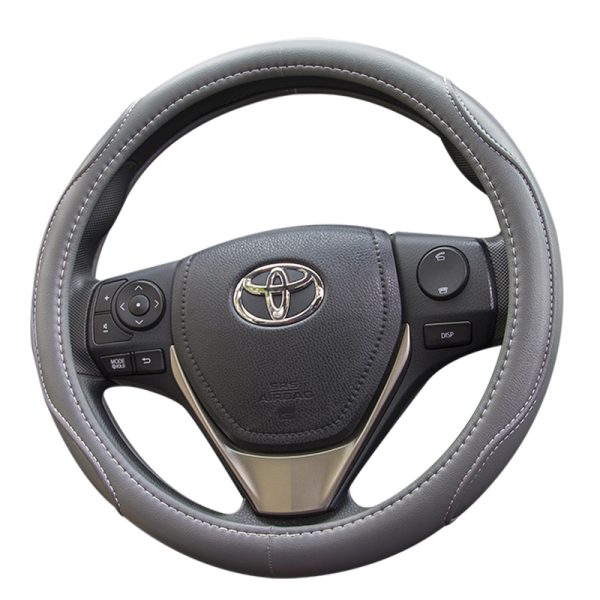 Front view of stitch design steering wheel cover in grey PU leather