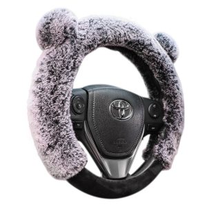 teddy bear steering wheel cover gray white plush design