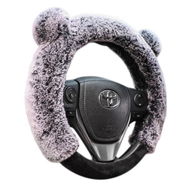 teddy bear steering wheel cover gray white plush design