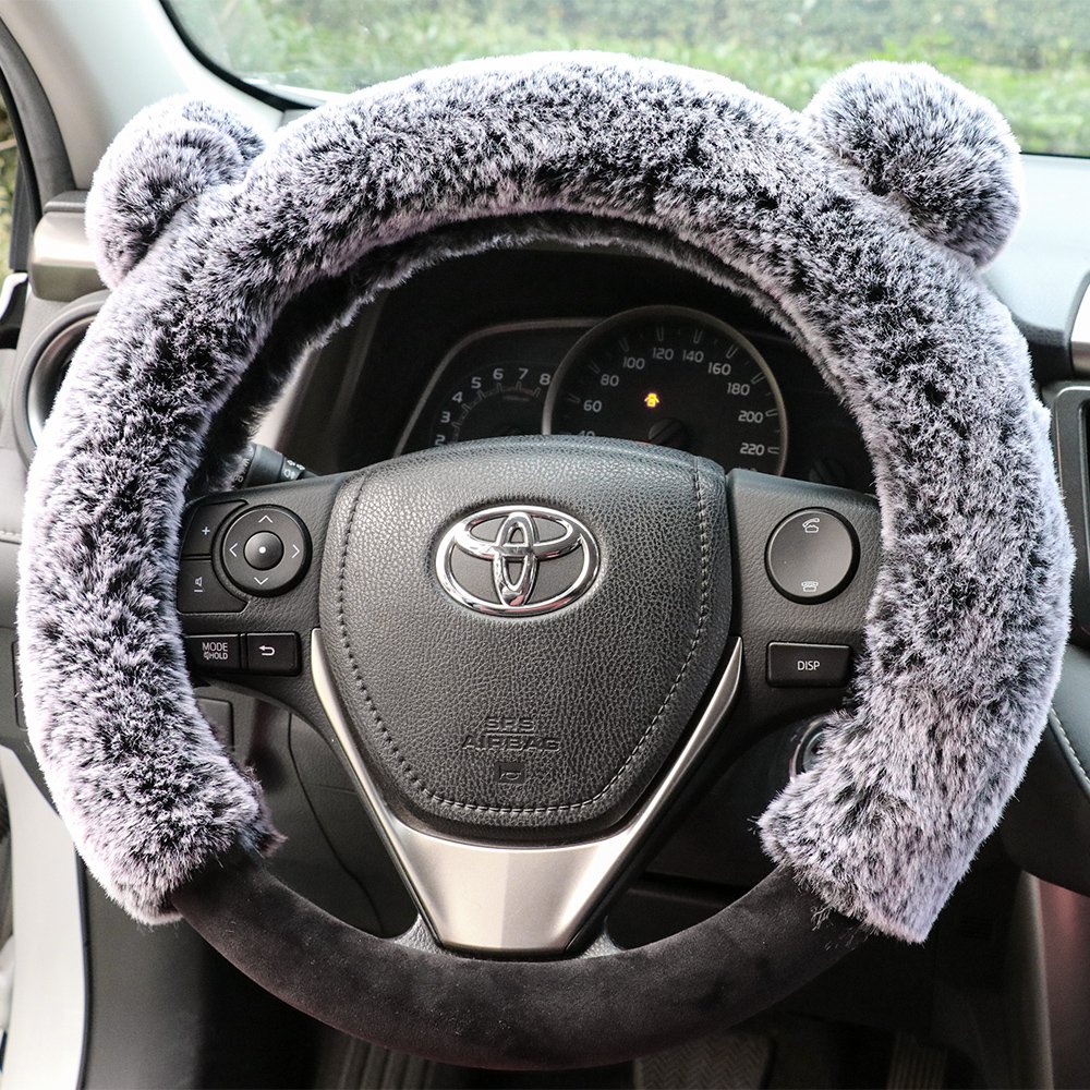 Plush Steering Wheel Cover front view - Teddy Bear design