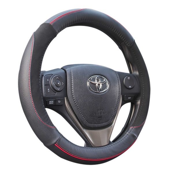 Trendy steering wheel cover with red stitching, PU leather design