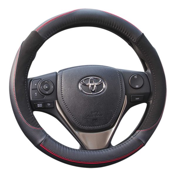 Universal trendy steering wheel cover, black with red stitching