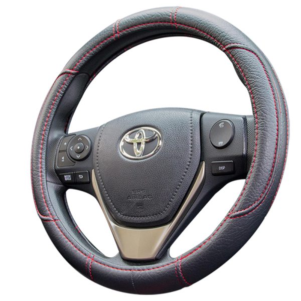 Universal steering wheel cover PU leather with red stitching angle view