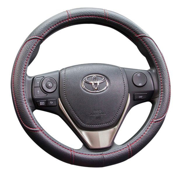 Universal steering wheel cover PU leather with red stitching front view