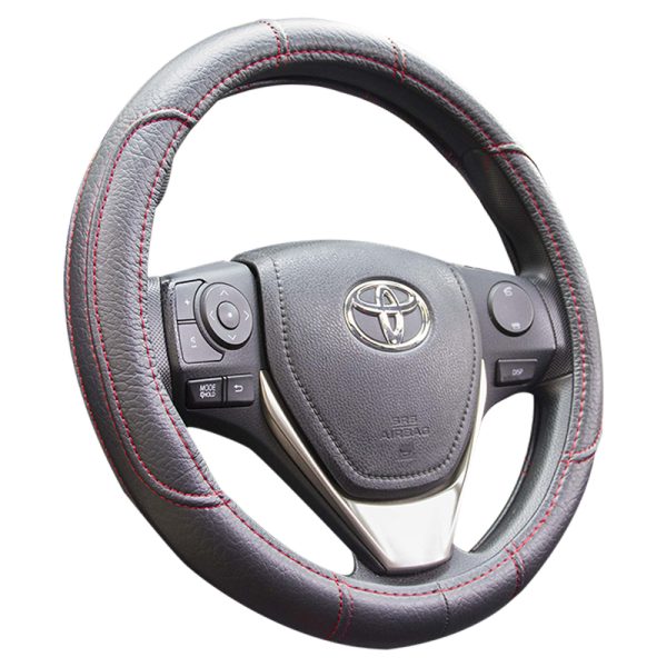 Universal steering wheel cover PU leather with red stitching side view