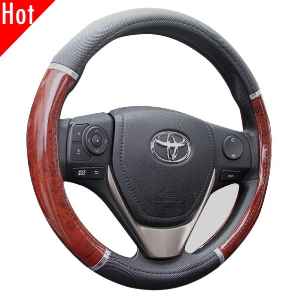 Wooden car steering wheel cover with leather grip, angled view